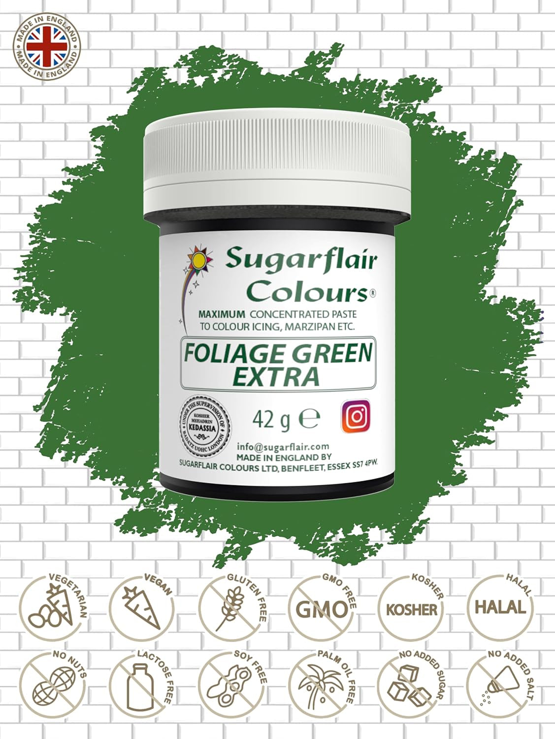 Sugarflair Max Concentrated Foliage Green Food Coloring, Højkoncentreret Marcipan og Fondant Food Coloring, Max Concentrate Pasta Coloring - 42g
