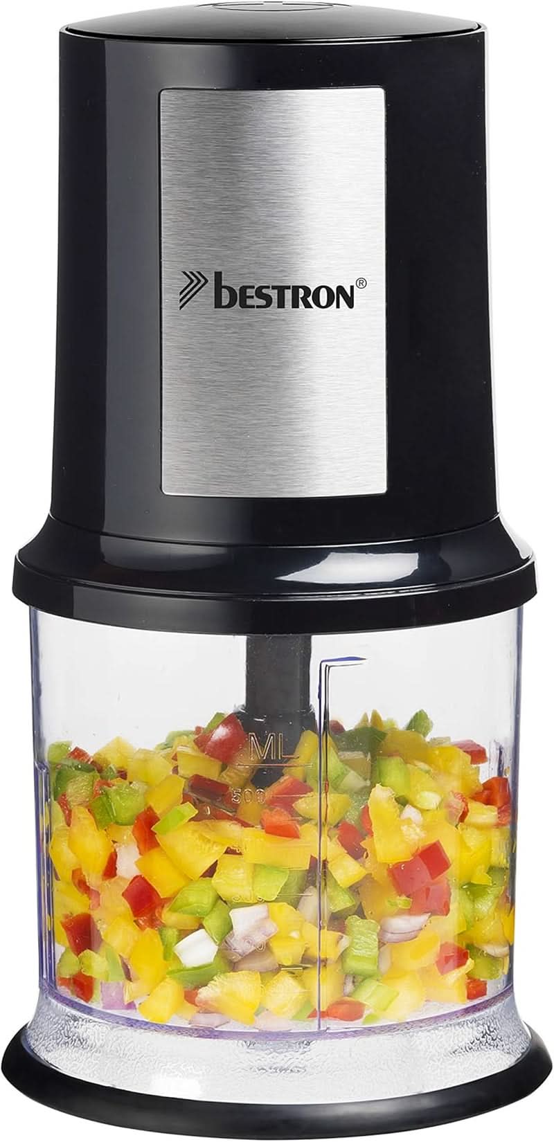 Bestron Elektrischer Multi-Zerkleinerer, Universalzerkleinerer Mit Zwei Schneidemessern & 500Ml Kapazität, Große Pulstaste, 400 Watt, Farbe: Kupfer Kitchen Naty Shop Schwarz/Silber