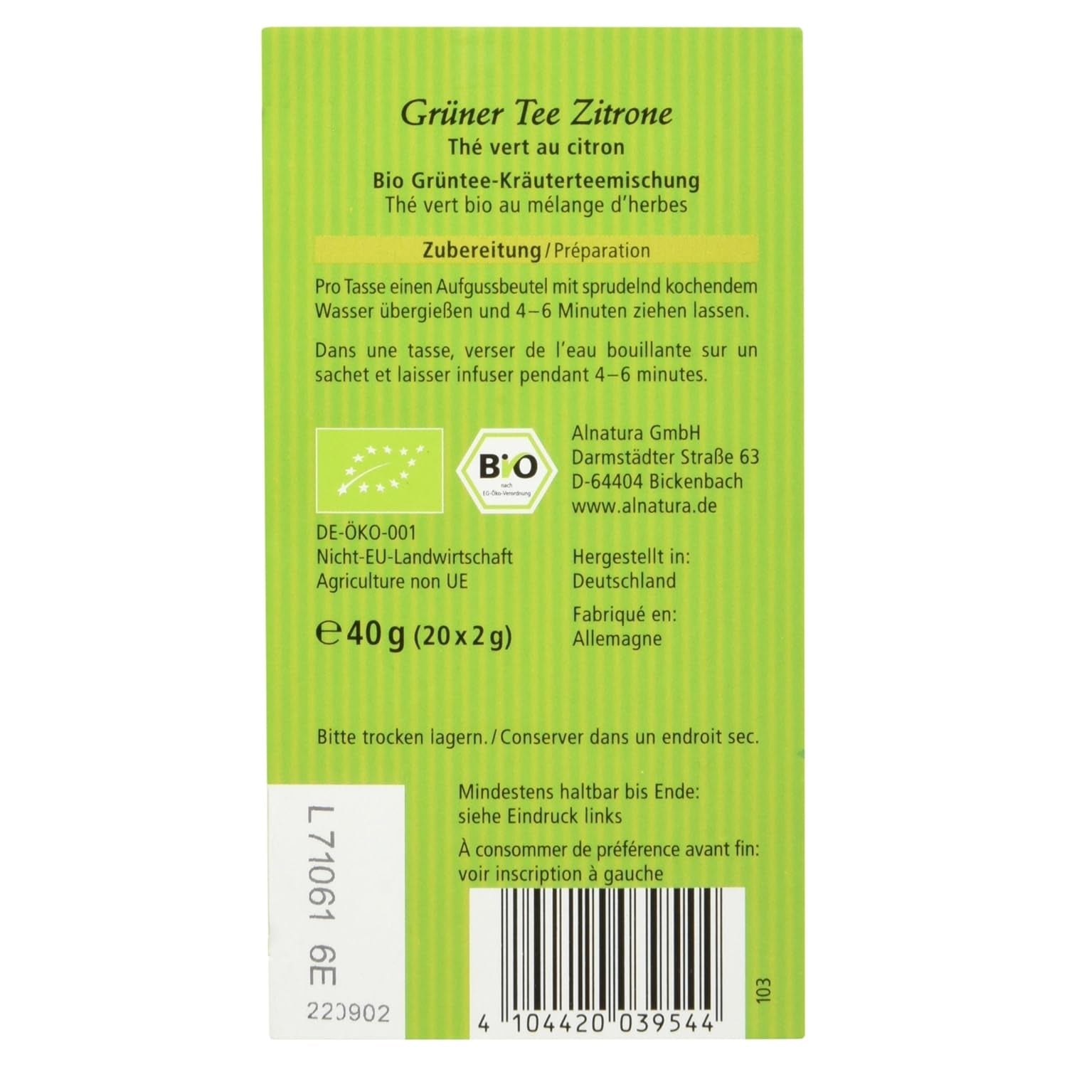 Økologisk grøn te med citron, 20 poser, 40 g