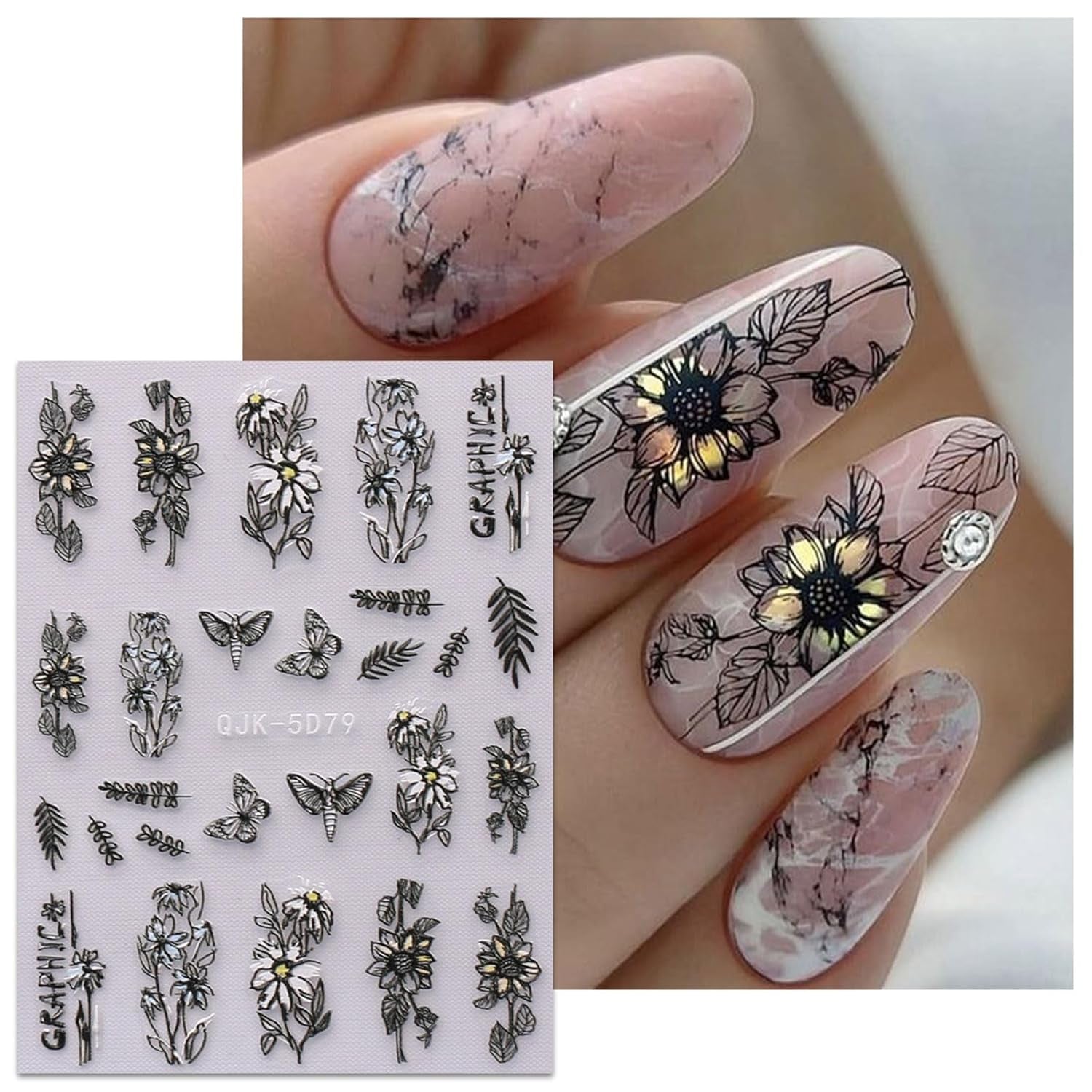 JMEOWIO 6 Blatt 3D Nagelsticker Frühlings Blume Nail Art Sticker Selbstklebend Nagelaufkleber 5D Stereoskopisk Bunte Sommer Blumen Dekoration Nageldesign Zubehör