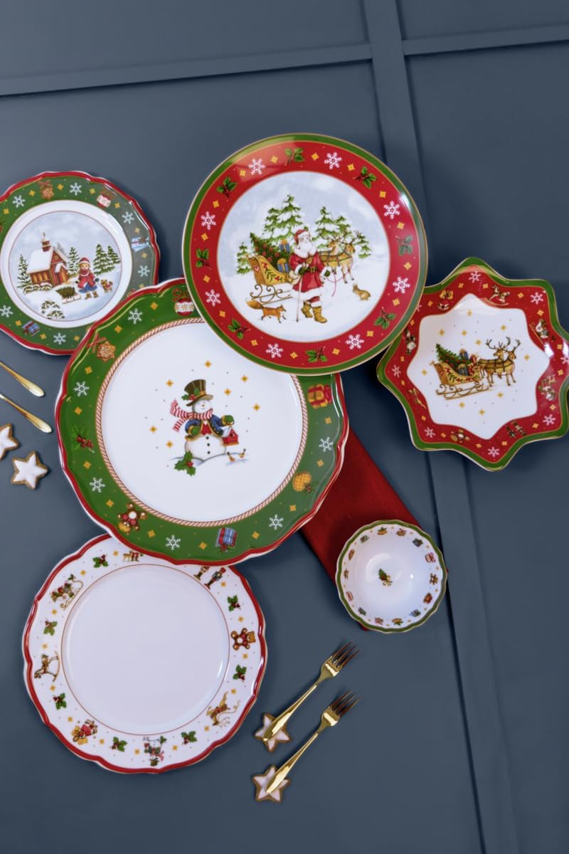 Hutschenreuther Happy Wintertime Red Christmas Servicesæt til 6, porcelæn, flerfarvet, 6 morgenmadstallerkener, 6 middagstallerkener og 6 middagstallerkener, tåler opvaskemaskine og mikroovn