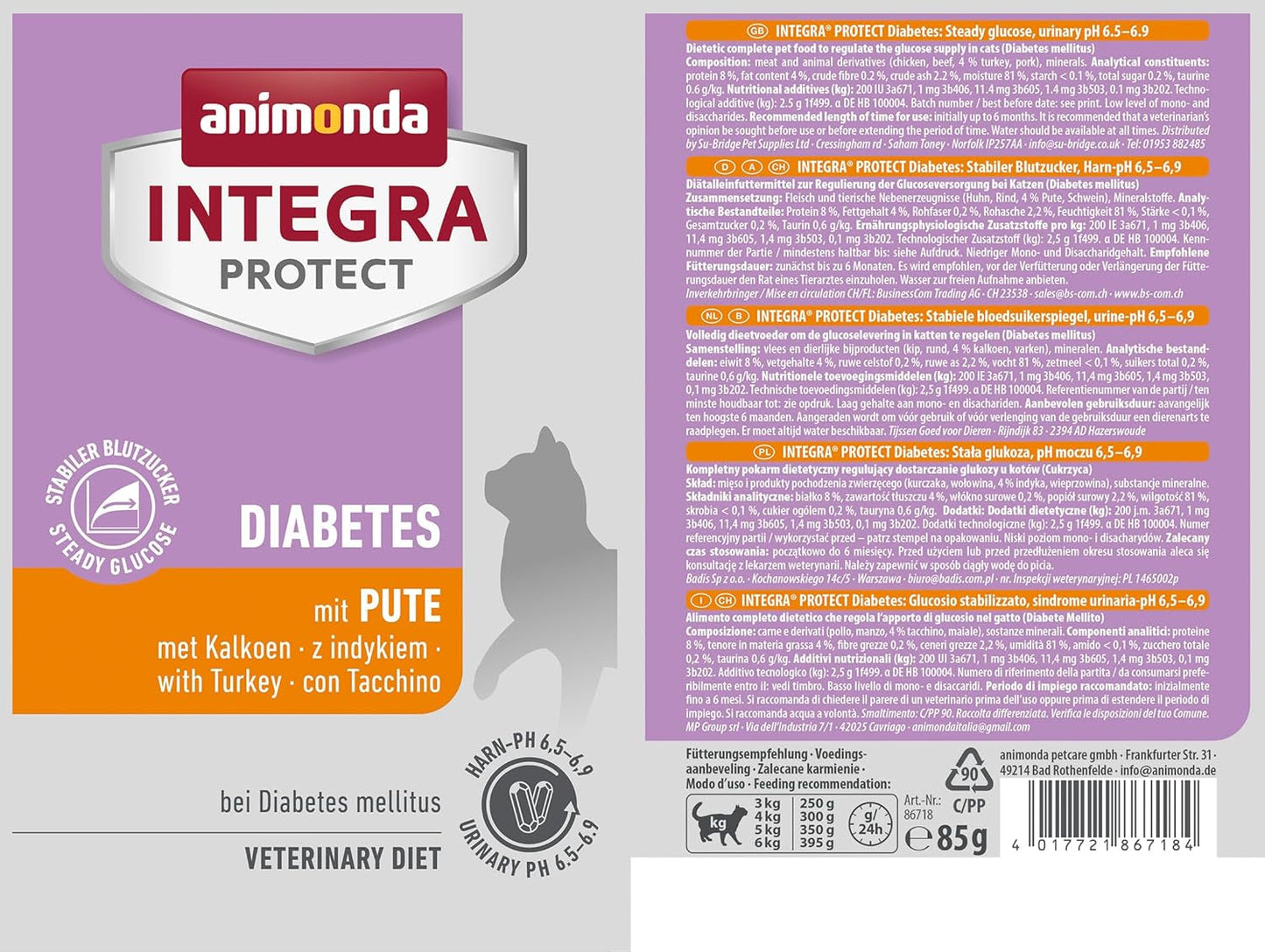 Animonda INTEGRA PROTECT vådfoder til diabetiske katte med kalkunkød (24 x 85g), anbefalet af dyrlæger til diabetes, et komplet diætfoder til voksne katte, udviklet sammen med dyrlæger.
