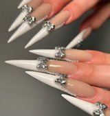 Moonglow Lange Negle Stiletto Mælkehvid Pink Gradient Glitter Cool falske negle med lim Pink Ombre Glitter Kunstige negle
