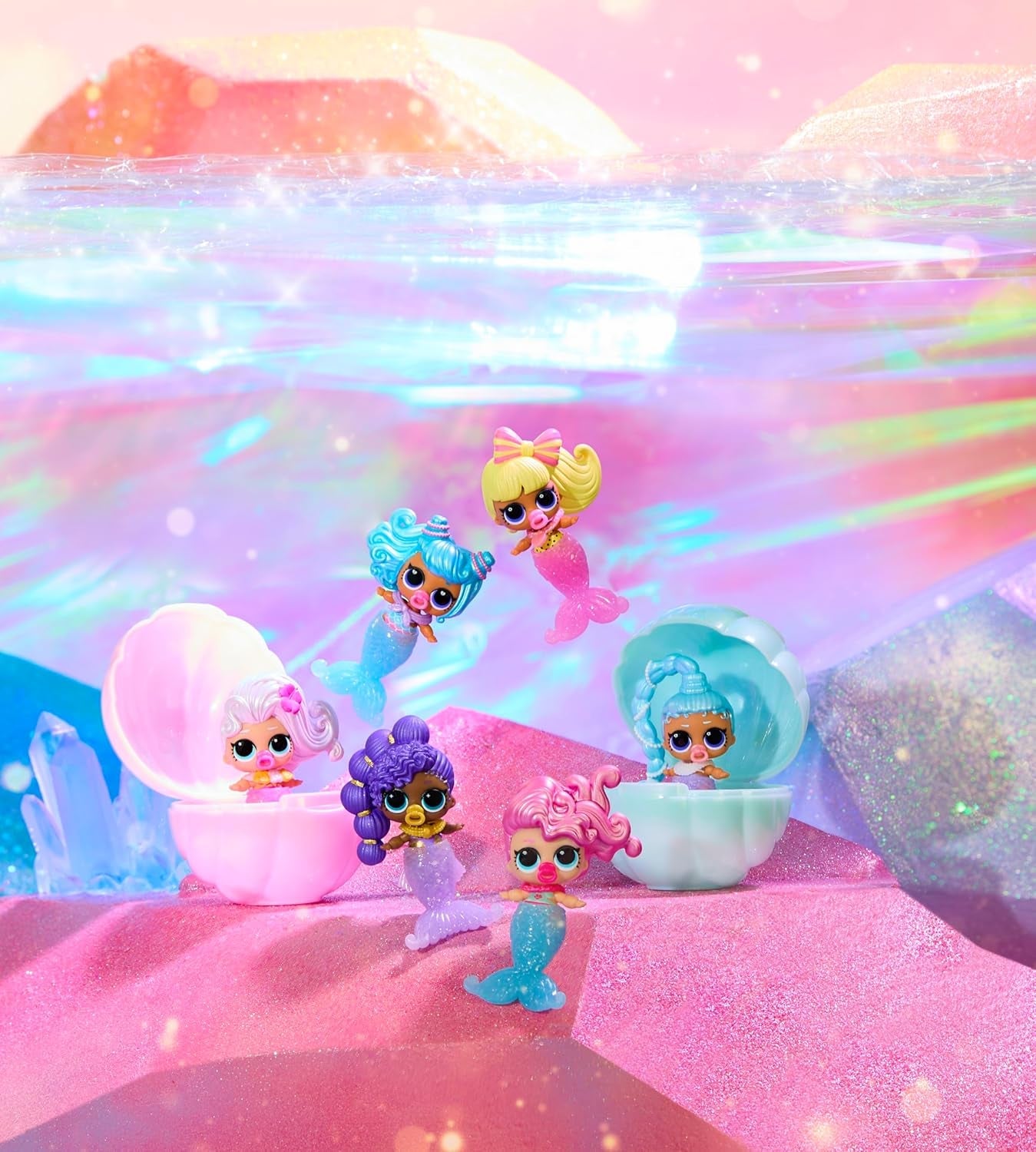 LOL overraskelse! Mermaid Makeover Magic Baby Sisters - Farveskiftende havfruehale med muslingebold til visning, 6 samledukker - 4+