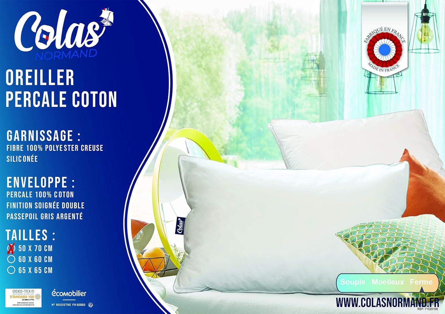 Pude, Bomuld, Percale, 50 X 70 Cm, Fin finish, Komfort, Percale, 100% Bomuld, Høj kvalitet, Blød, Made in France, Hvid 73130220 Naty Shop Standard Puder
