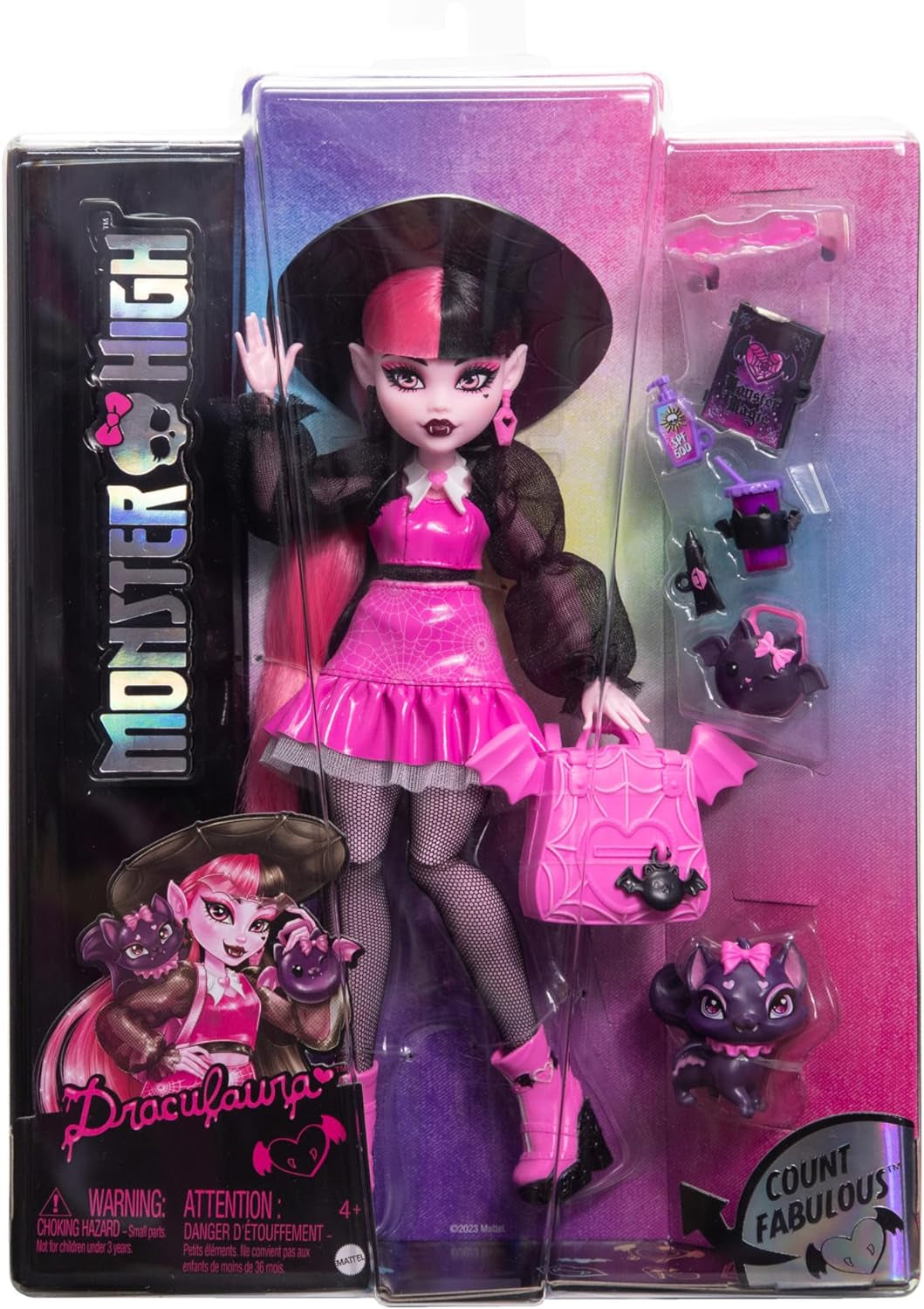 Monster High Draculaura dukke med sit kæledyr Count Fabulous flagermus kat og tilbehør såsom rygsæk, tryllebog, bento box og mere, HRP64 Naty Shop Dolls