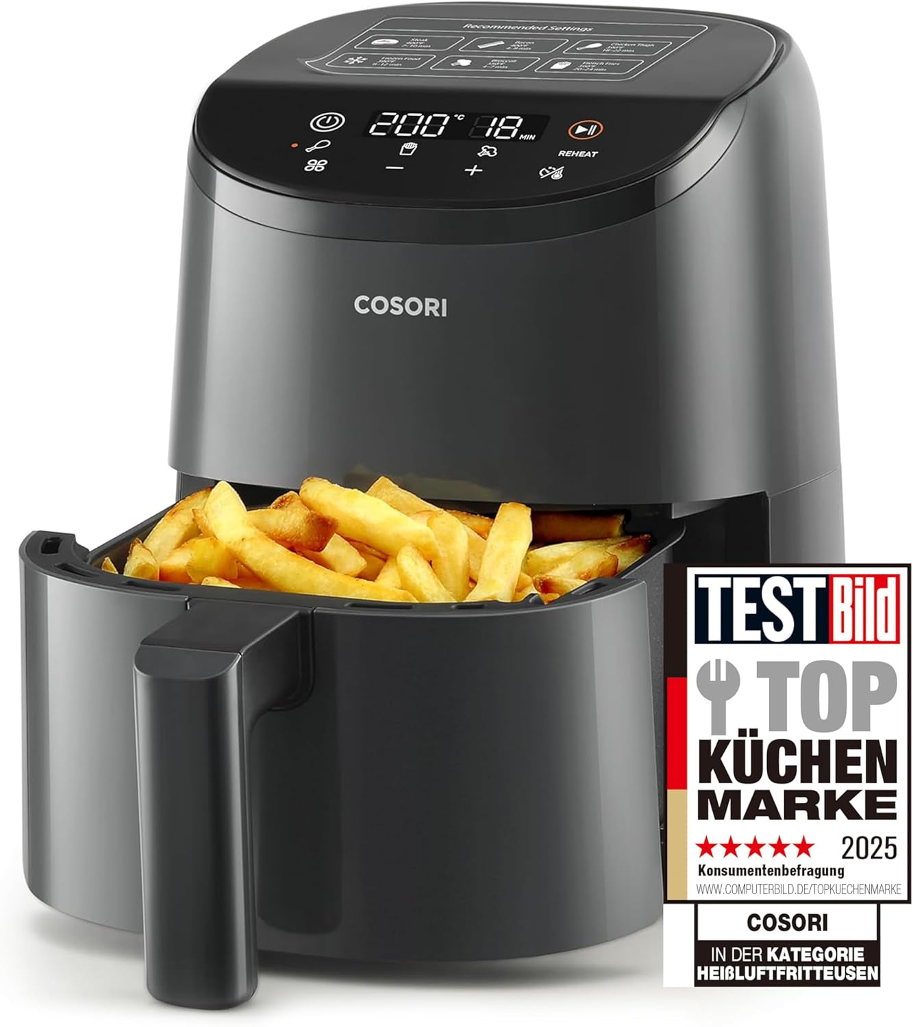 COSORI Hot Air Fryer Airfryer, 12-I-1 Air Fryer XXL 6.2L, Hot Air Fryer med udsigtsvindue og omrøringspåmindelse, 80 opskrifter Hvidevarer Naty Shop Light Black 2L Mini