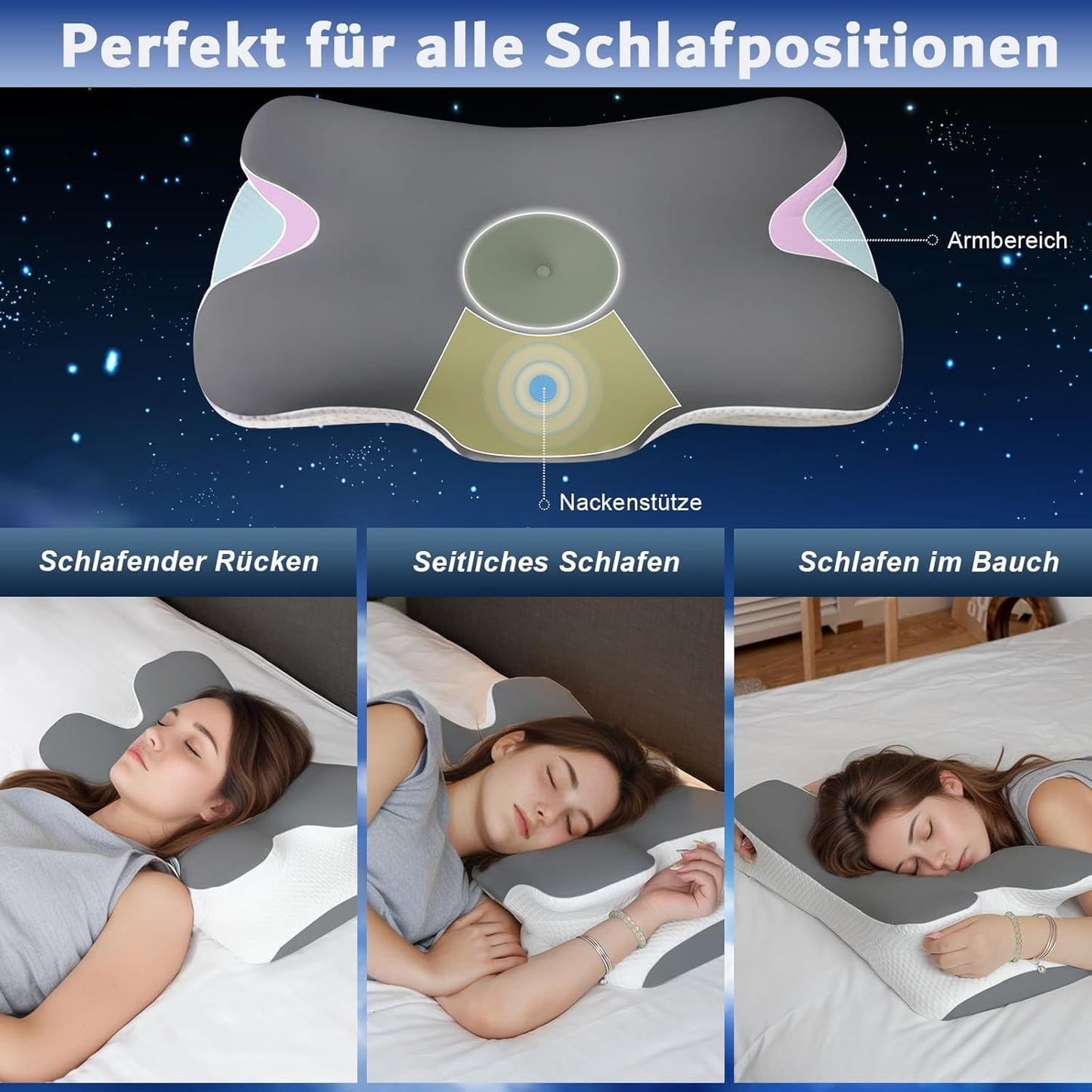 Memory skumpude nakkepude ortopædisk pude - ergonomisk design hul form til side-, ryg- og mavesove Grå cervikale ortopædiske puder Naty Shop