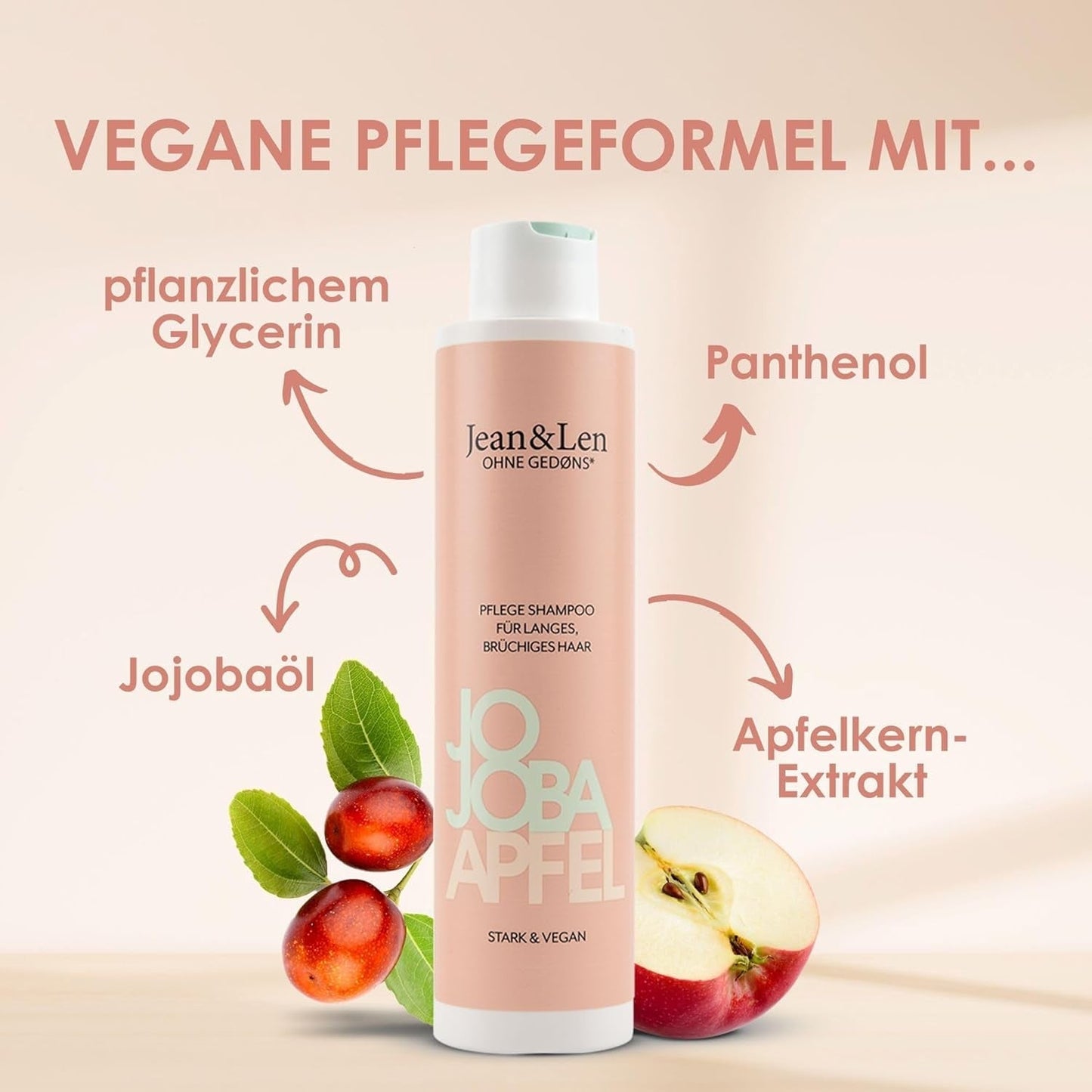 Jean & Len Care Shampoo Jojoba & Apple, nærer langt og skrøbeligt hår, 300 ml Brusebad og bad Jean & Len