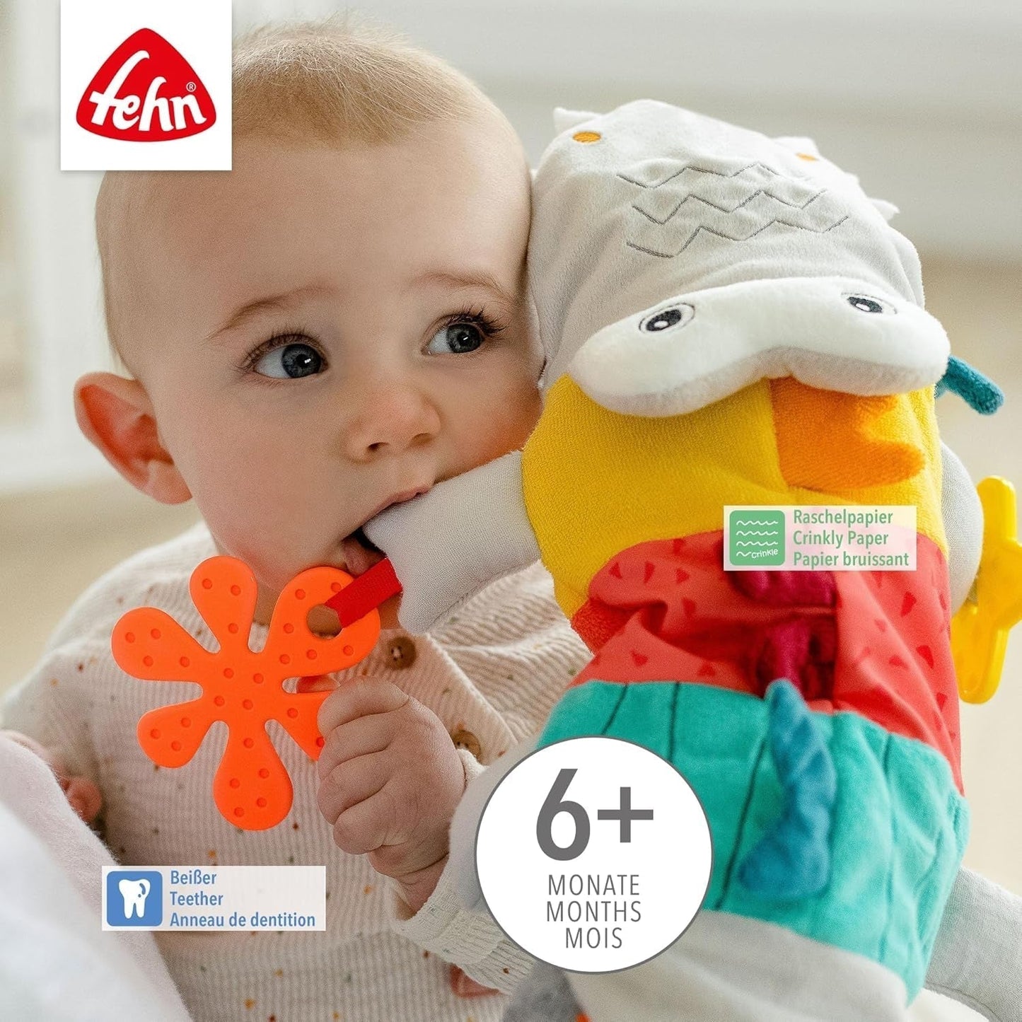 Fehn Baby Hånddukke Krokodille - Plys legetøj med rangle, raslende papir, bider og knirker - Baby hånddukke - Popping legetøj til babyer og småbørn 6+ måneder Babylegetøj Naty Shop