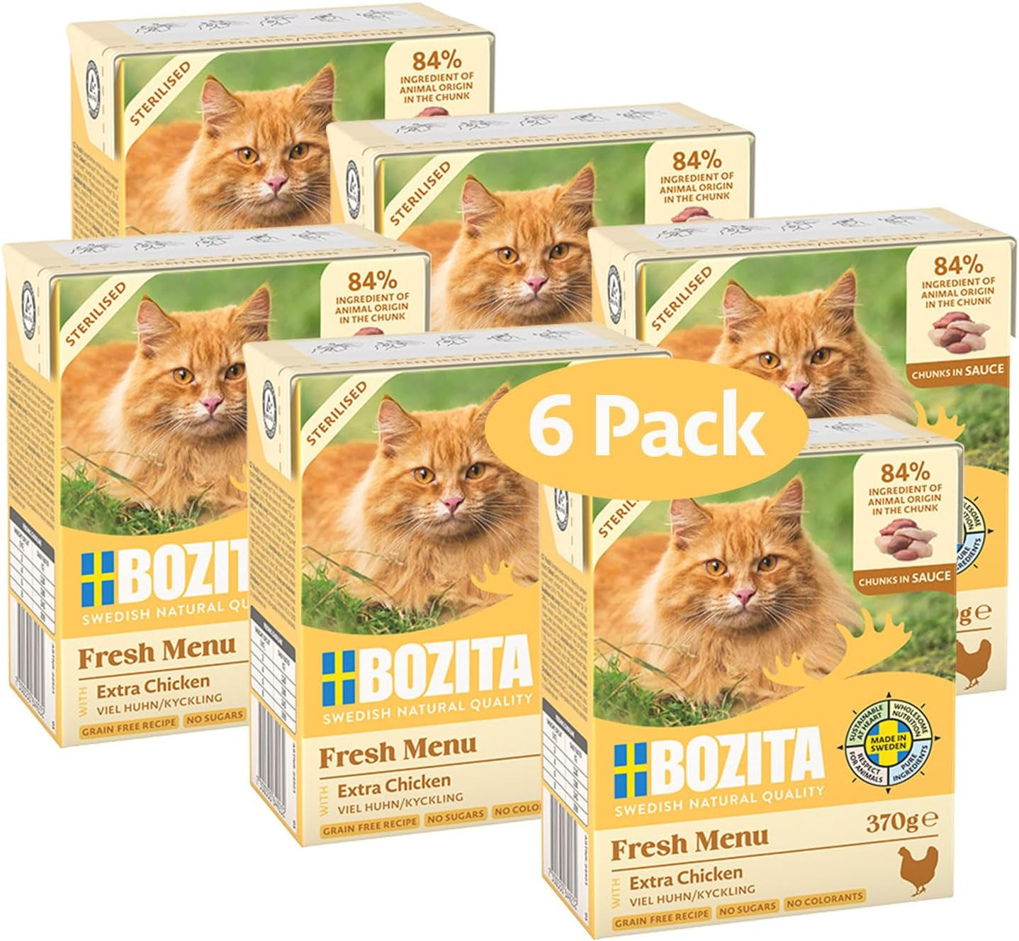 Bozita Tetra steriliserede stykker i sauce med masser af kylling - 6 x 370 g vådt korn og sukkerfri kattefoder - Ikke-GMO, med 8,5 % protein og 4,5 % fedt - høj kvalitet og ekstremt velsmagende