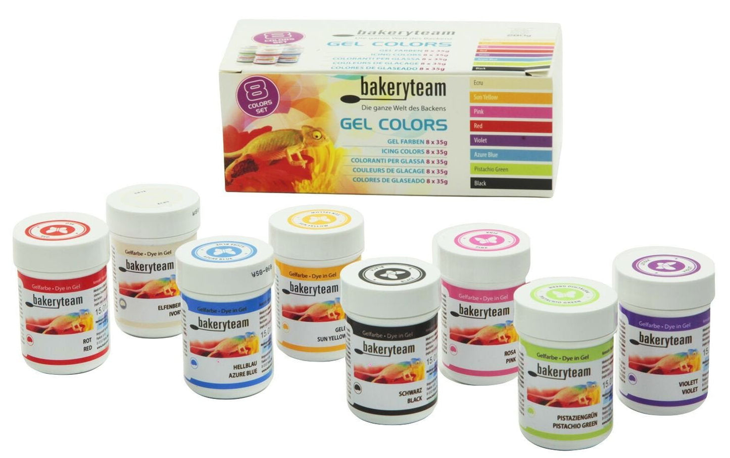 Bakeryteam gel madfarver til fondant, marcipan, cupcake, creme, kage, torte, is, sæt (8 x 35 g)