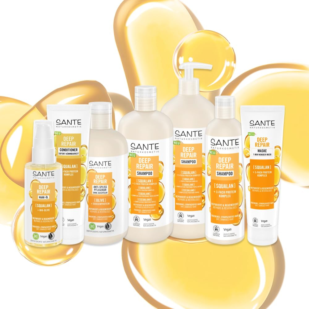 SANTE Natural Cosmetics Deep Repair Mask Squalane + 3x proteinkompleks, vegansk hårmaske til intens hydrering og fleksibelt hår, reparerer og regenererer beskadiget hår, 150 ml Naty Shop Hair Mask