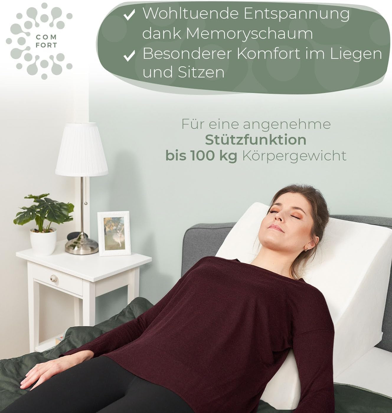 Læsepude til seng og sofa, komfortabel rygpude med memoryskum, anti-reflux pude kan bruges som sengepude, ryglæn eller hovedgærde, komfortabel sengepude som behagelig rygstøtte