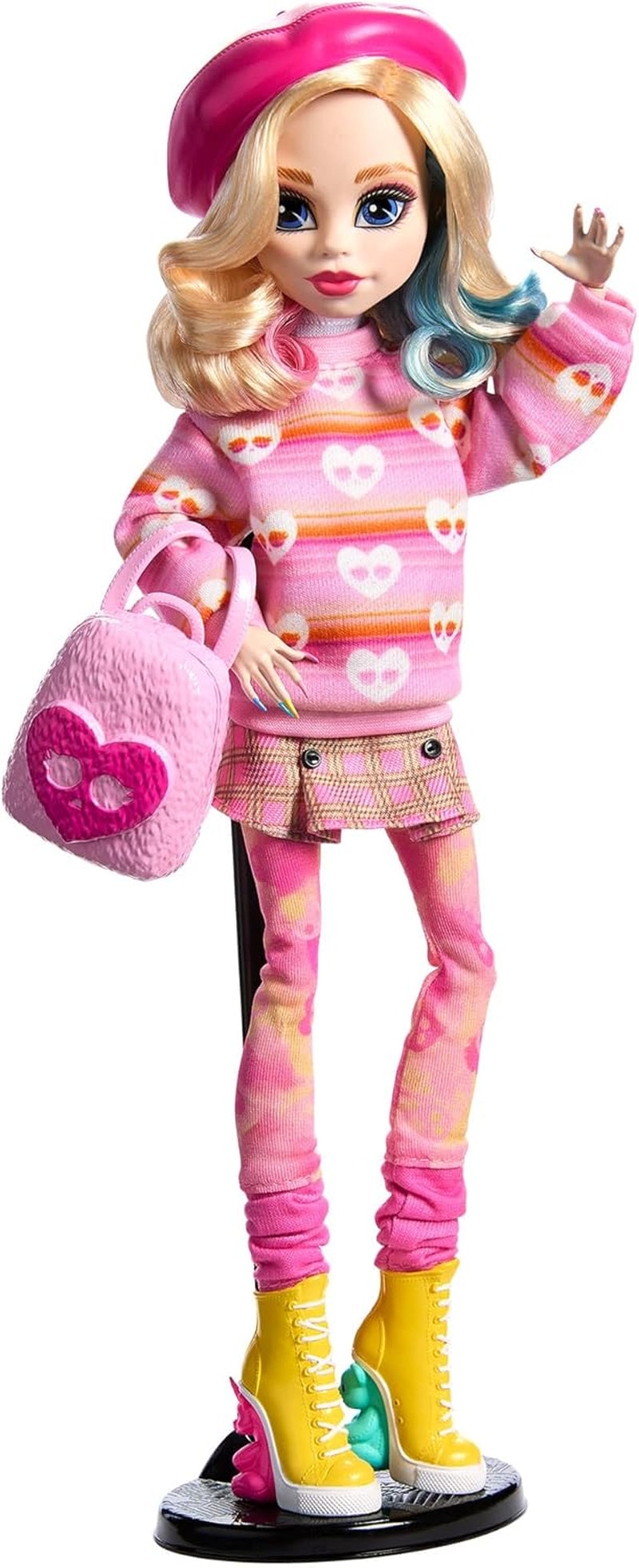 Monster High onsdagsdukke og tilbehør, Enid Sinclair samlerfigur i pink med baret og rygsæk, dukkestativ, HXJ05 Naty Shop-dukker