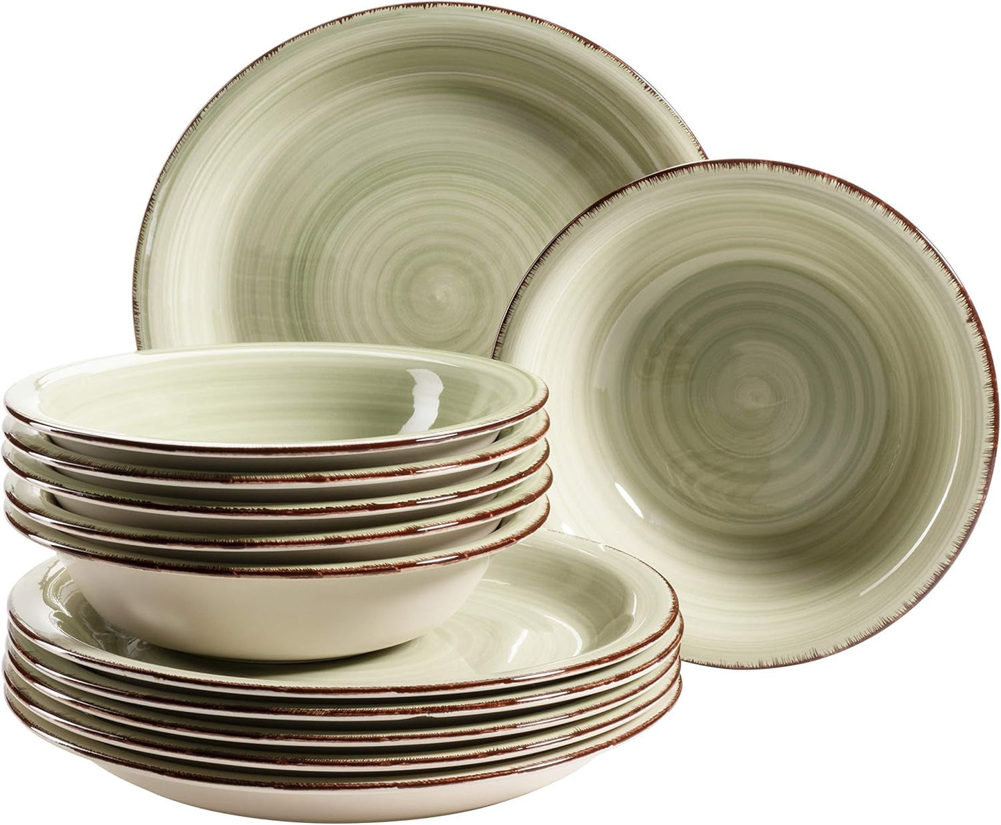 MÄSER Spisesæt til 6, moderne vintage-look, 12-delt bordservice, håndmalet, grøn, flise, olivengrøn (Bel Tempo II)