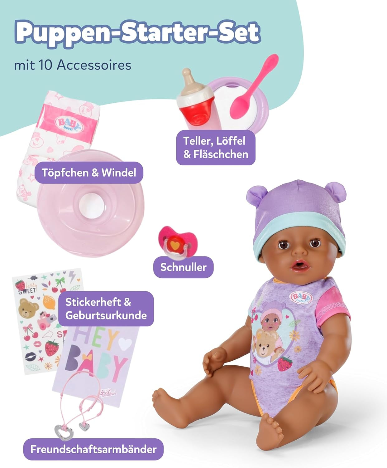 BABY Born Eva - babydukke 43 cm - 10 funktioner inklusive tilbehør og madras - Fungerer fuldt ud uden batterier - Velegnet til børn fra 3 år og derover