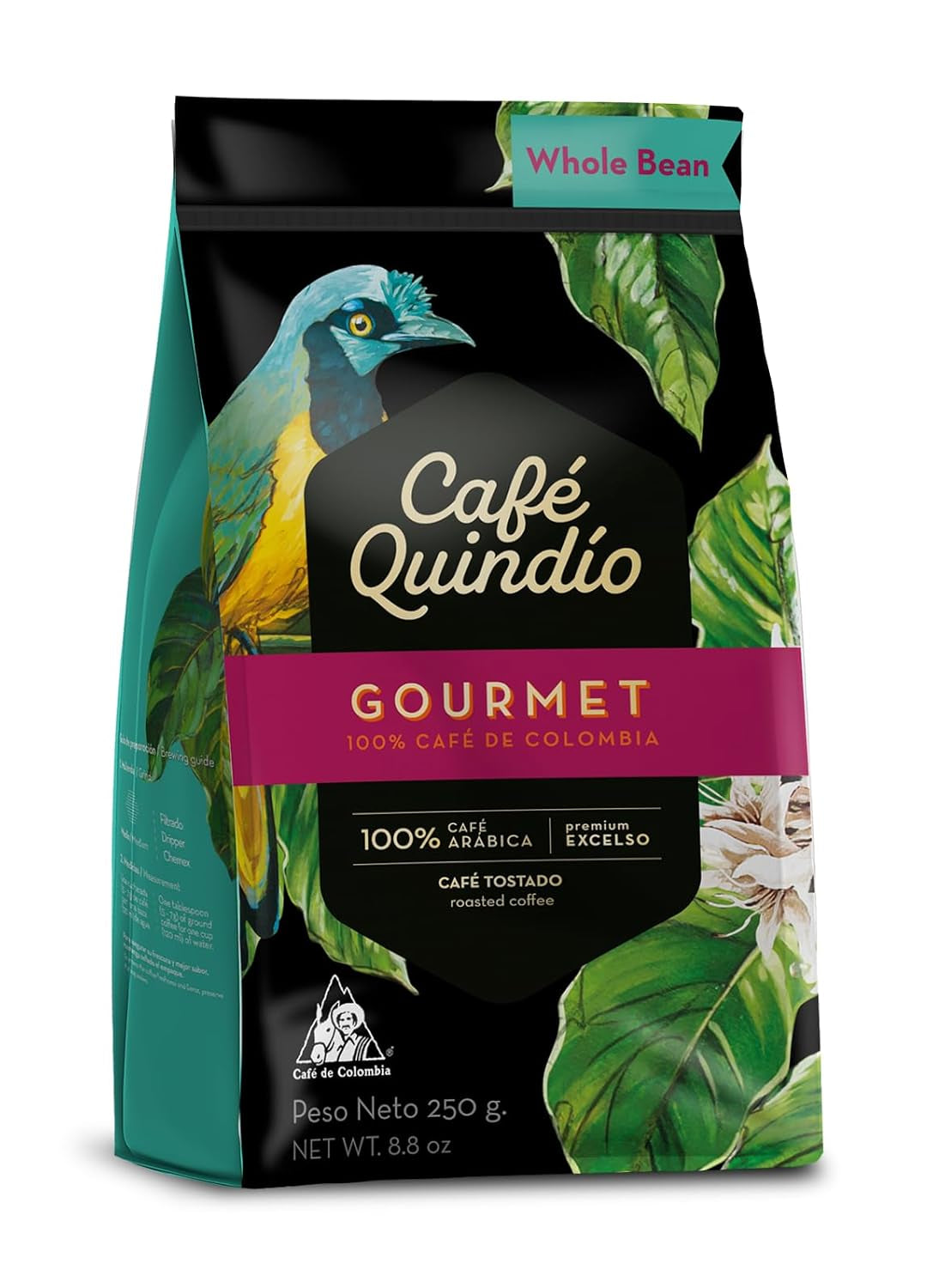 Cafe Quindio Gourmet - Special kaffe - 100% Arabica kaffebønner, Colombia, 250 g - ideel til portafiltermaskiner, fuldautomatiske maskiner, filterkaffe eller fransk presse