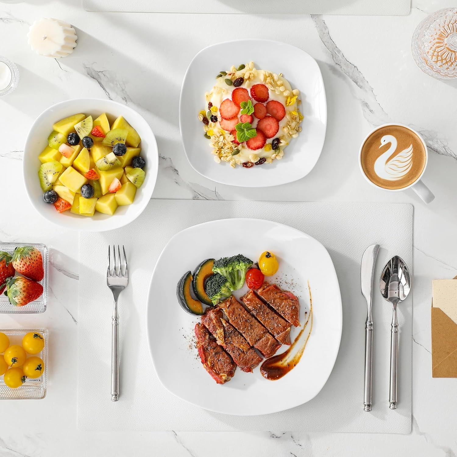 MALACASA Spisesæt til 4, 16-delt hvidt porcelænsservice, moderne servisesæt med 4 middagstallerkener, Desserttallerkener, Suma-tallerkener og -kopper, ELISA-serien