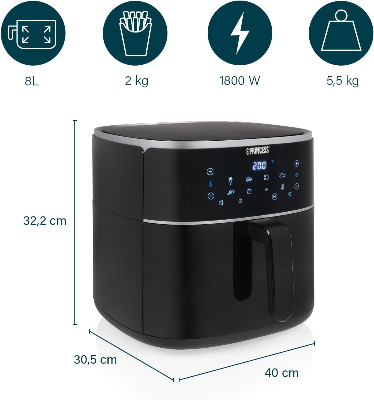 Princess Digital Hot Air Fryer - Variabel skålkapacitet - 8 liter maksimum - 6 forudindstillede programmer Hvidevarer Naty Shop