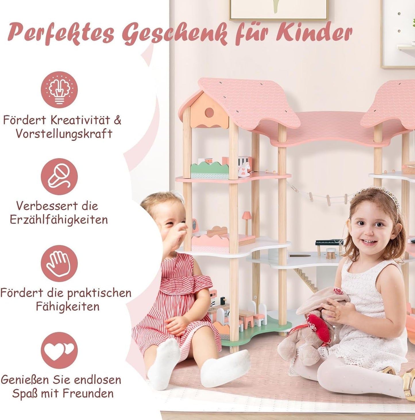 FANTASK trædukkehus, 85 cm højde 7 værelses dukkehus med 32 møbler og tilbehør, dukkehus med rebstige, dukkehusgave til 3-årige piger (model 3) Naty Shop dukkehuse
