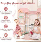 FANTASK trædukkehus, 85 cm højde 7 værelses dukkehus med 32 møbler og tilbehør, dukkehus med rebstige, dukkehusgave til 3-årige piger (model 3) Naty Shop dukkehuse