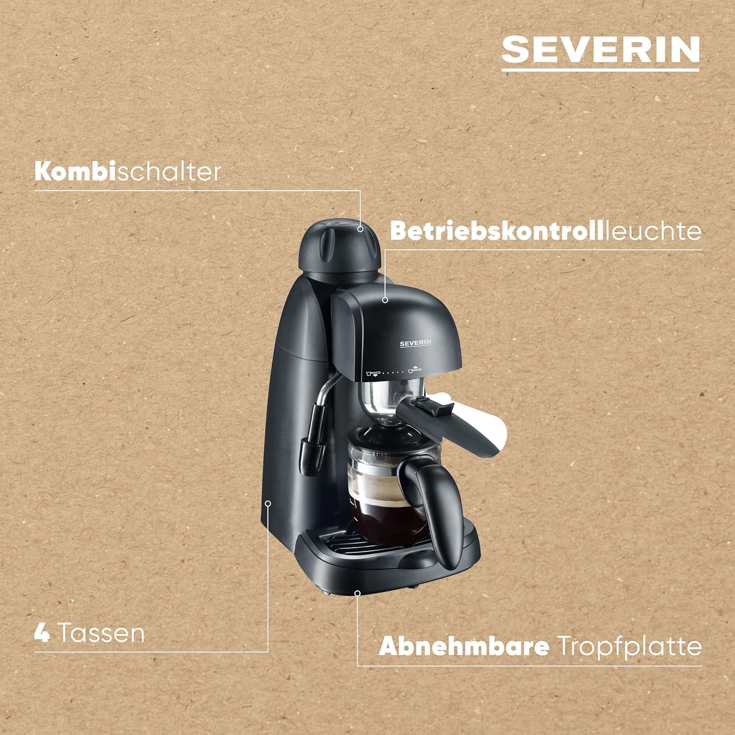 SEVERIN KA 5978 espressomaskine (inkluderer serveringsskål og måleske, op til 4 kopper) sort, Standard