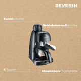 SEVERIN KA 5978 espressomaskine (inkluderer serveringsskål og måleske, op til 4 kopper) sort, Standard