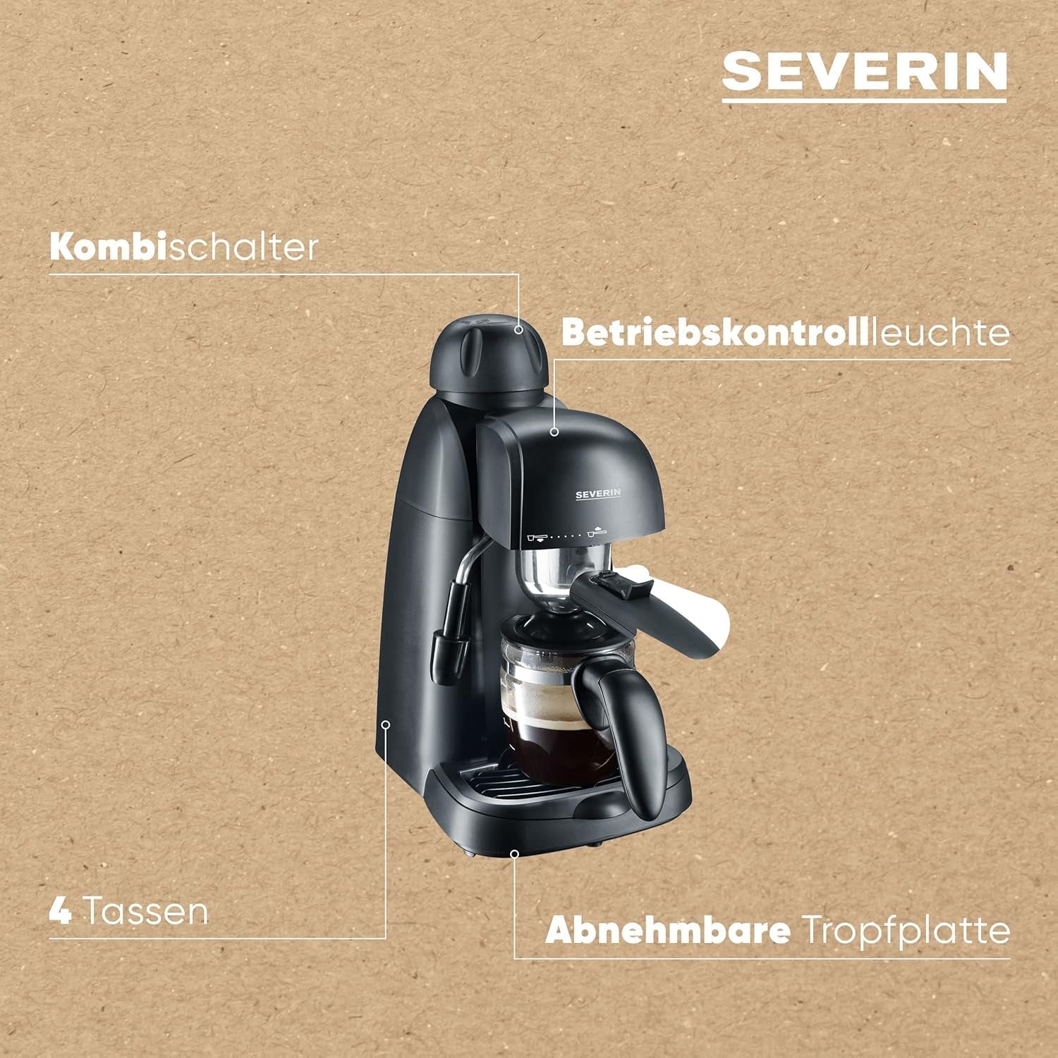 SEVERIN KA 5978 espressomaskine (inkluderer serveringsskål og måleske, op til 4 kopper) sort, Standard