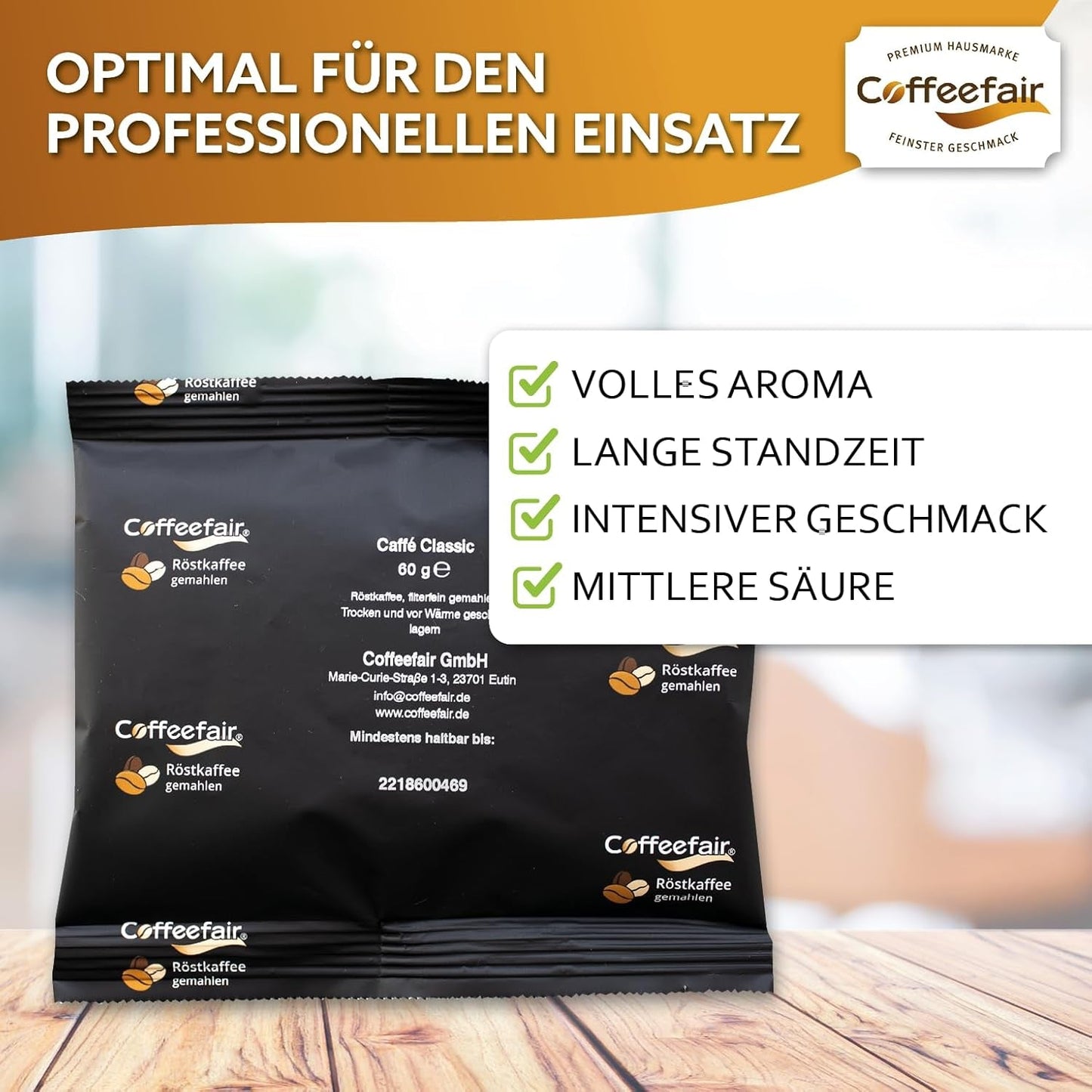 Filtreret kaffe Coffeefair Caffe Classic 80 x 60 g malet kaffe, gastrokvalitet, let ristet, afbalanceret og fyldig, til filtreret kaffeespresso
