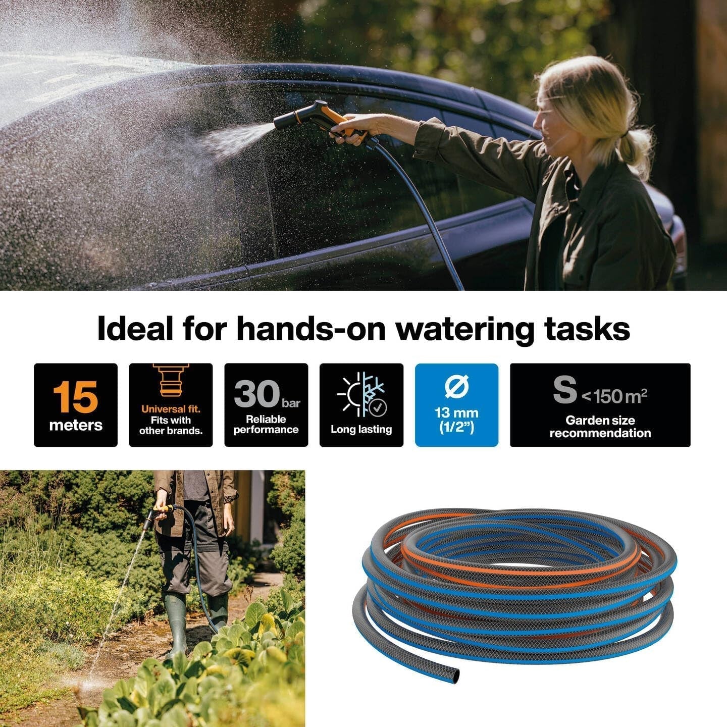 Fiskars S Haveslange, Serie X, Vandslange til manuel vanding, 13 mm (1/2"), Længde: 15m, Universalforbindelse, UV-beskyttelse, Frostbeskyttelse, Vridsikker, Blå, 1076044