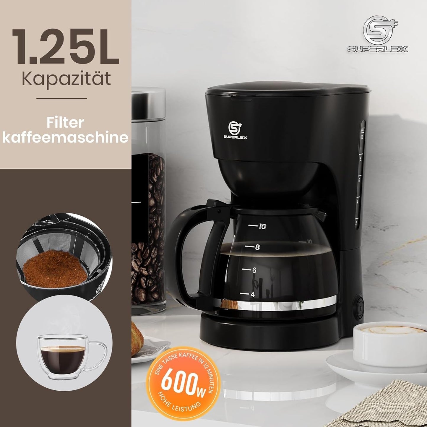 1,25L filterkaffemaskine til 10 kopper filterkaffe, glaskaraffel, der tåler opvaskemaskine, termokande, anti-drypsystem, automatisk sluk, 600W, vandfri kogebeskyttelse til hjemmet og kontoret
