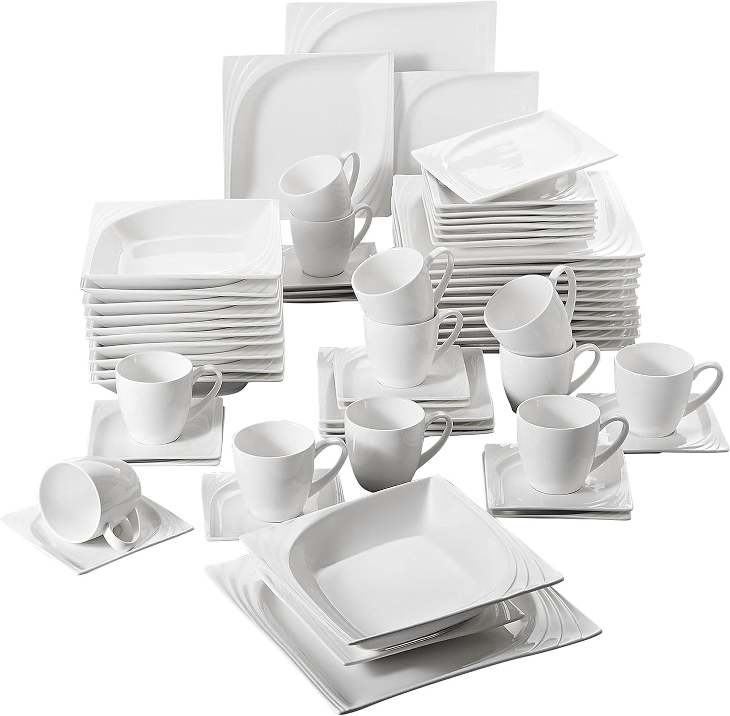 MALACASA, Monica Series, Servicesæt til 12 personer, Hvid-creme porcelæn, Kombineret service med 12 kaffekopper, 12 underkopper, 12 desserttallerkener, 12 middagstallerkener og 12 middagstallerkener