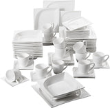 MALACASA, Monica Series, Servicesæt til 12 personer, Hvid-creme porcelæn, Kombineret service med 12 kaffekopper, 12 underkopper, 12 desserttallerkener, 12 middagstallerkener og 12 middagstallerkener