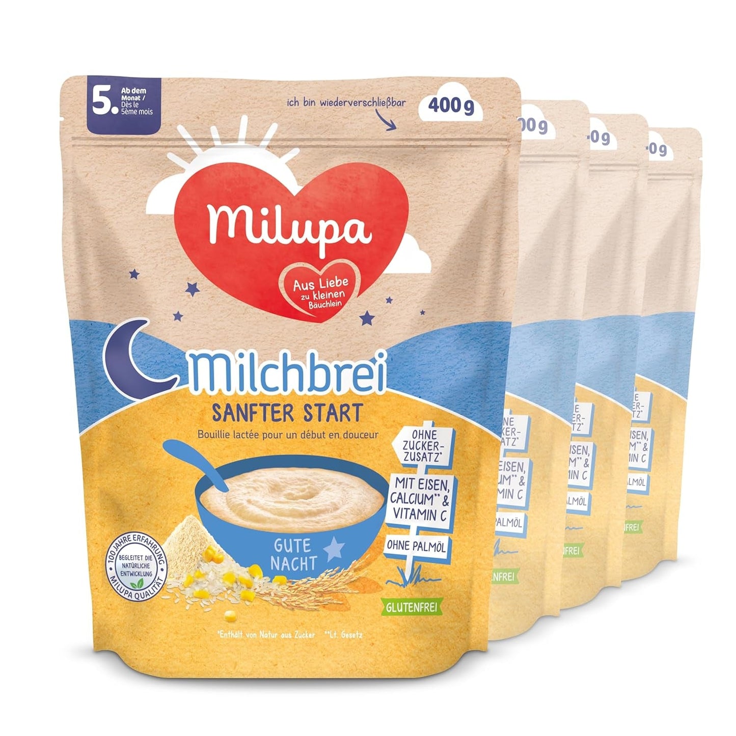 Mælkegrød Milupa Gentle Start - Kornprodukter til babyer uden gluten, uden palmeolie - Uden konserveringsmidler og farvestoffer - Fra 5 måneder - 4 x 400 g
