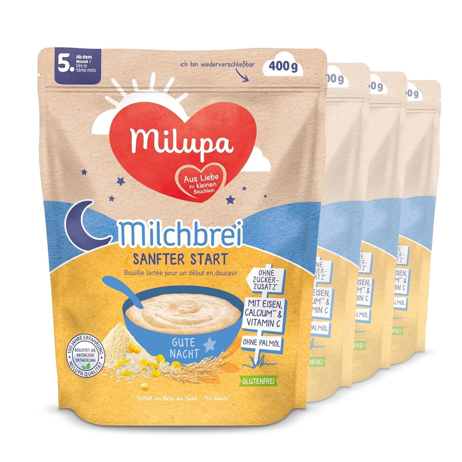 Mælkegrød Milupa Gentle Start - Kornprodukter til babyer uden gluten, uden palmeolie - Uden konserveringsmidler og farvestoffer - Fra 5 måneder - 4 x 400 g