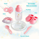 JC Toys - Berenguer Boutique 38 cm blød og naturtro dukke med åben/lukket mund, gavesæt i 10 dele, sutteflaske, rangle, sut og tilbehør, lyserød, 2+ år