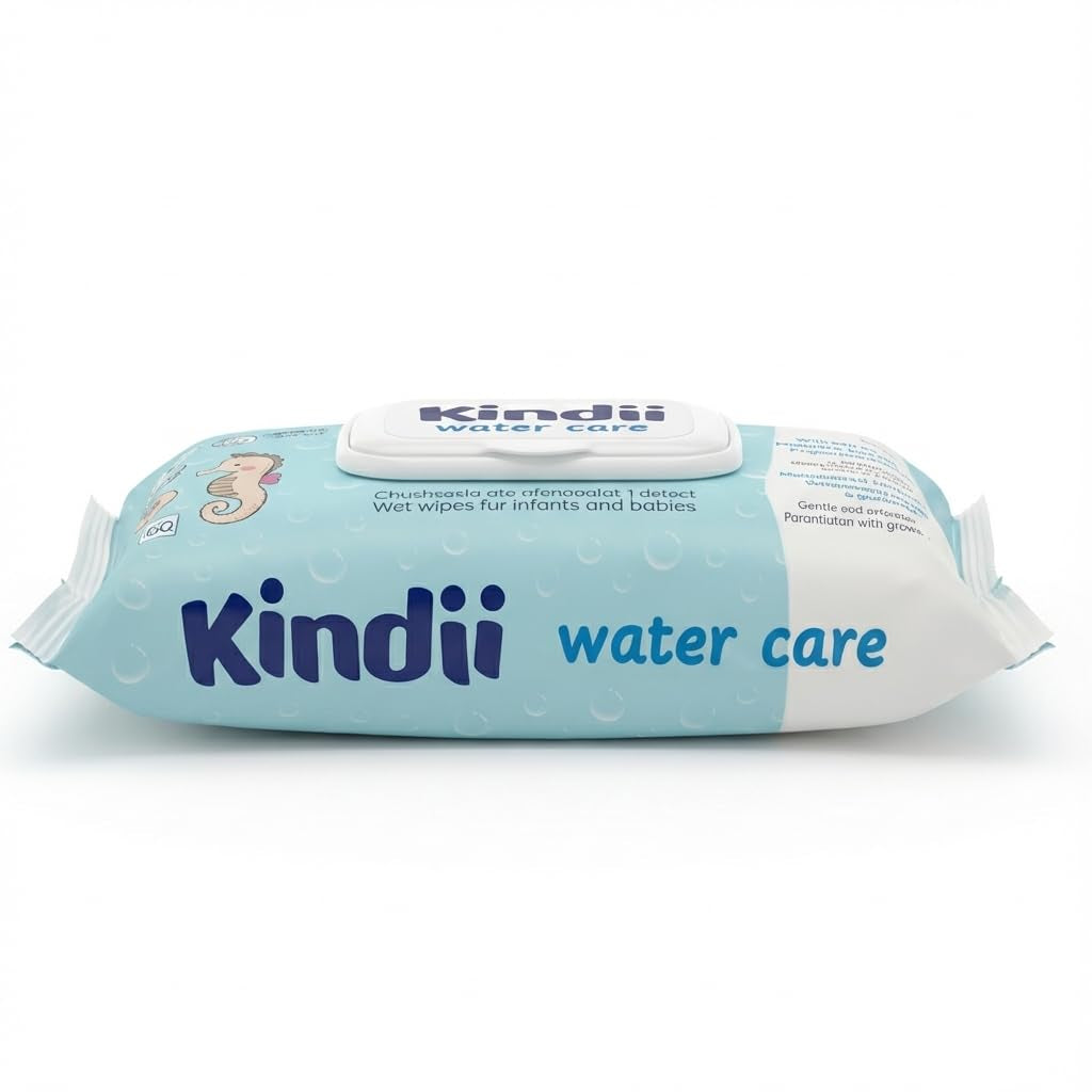 Kindii Water Care Wet Wipes - Aqua Baby Wipes - 100% viskose, 99,9% vand, grapefrugtekstrakt, tørklæde størrelse 150x200, 100% biologisk nedbrydeligt, plastikfri, renseservietter til følsom hud