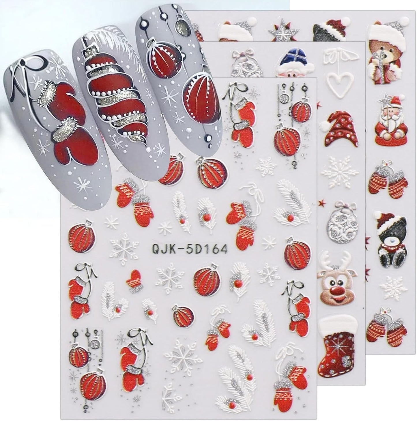 JMEOWIO 3D Nagelsticker Weihnachten Glitzer Nail Art Sticker Selbstklebend Nagelaufkleber 5D Stereoskopisk Schneeflocke Winterurlaub Süß Dekoration Nageldesign Zubehör 4 Blatt