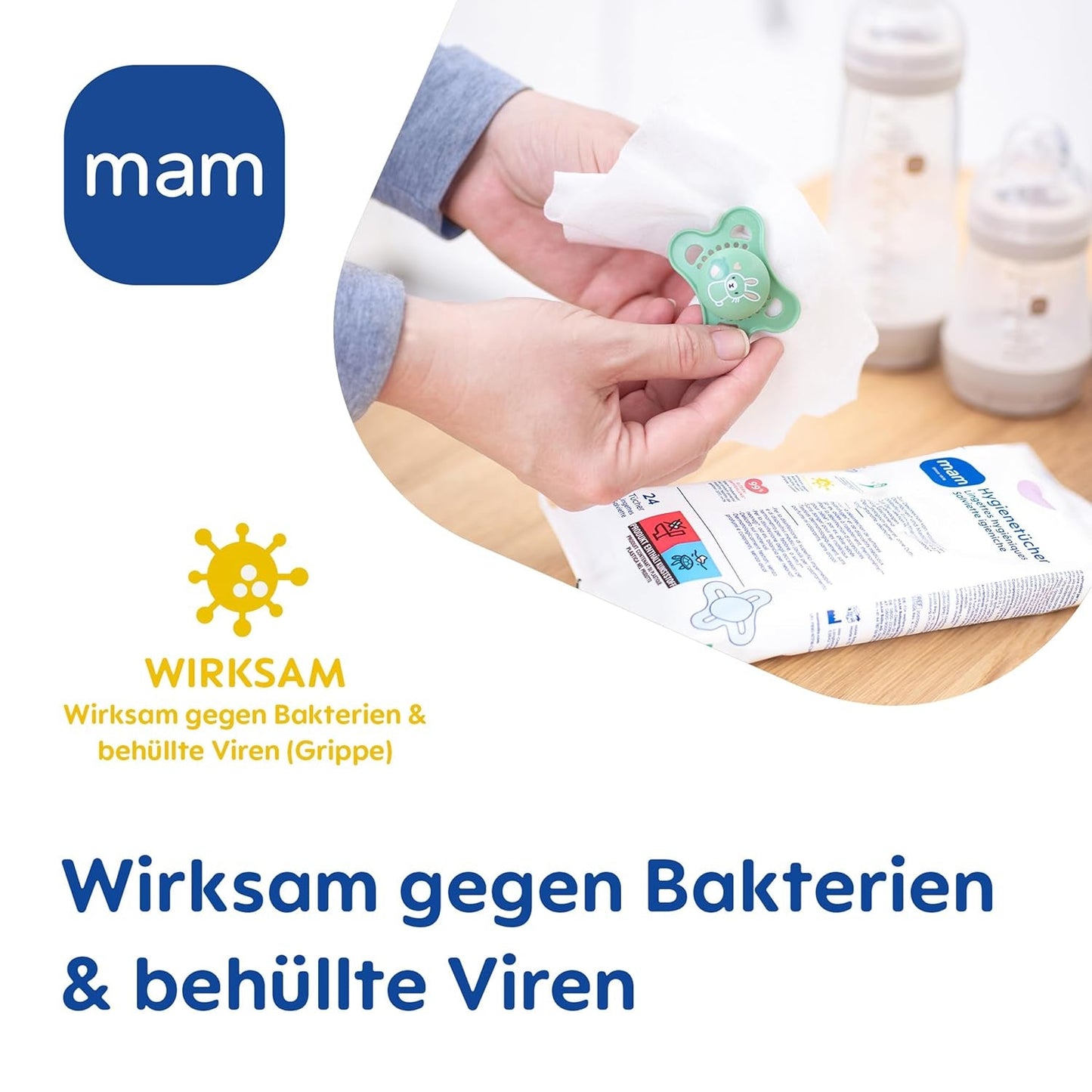 MAM hygiejnebind 3-pak (3 x 24 styk), rengøringsservietter til medicinsk udstyr og babytilbehør, antibakterielle og viruseffektive hygiejnebind