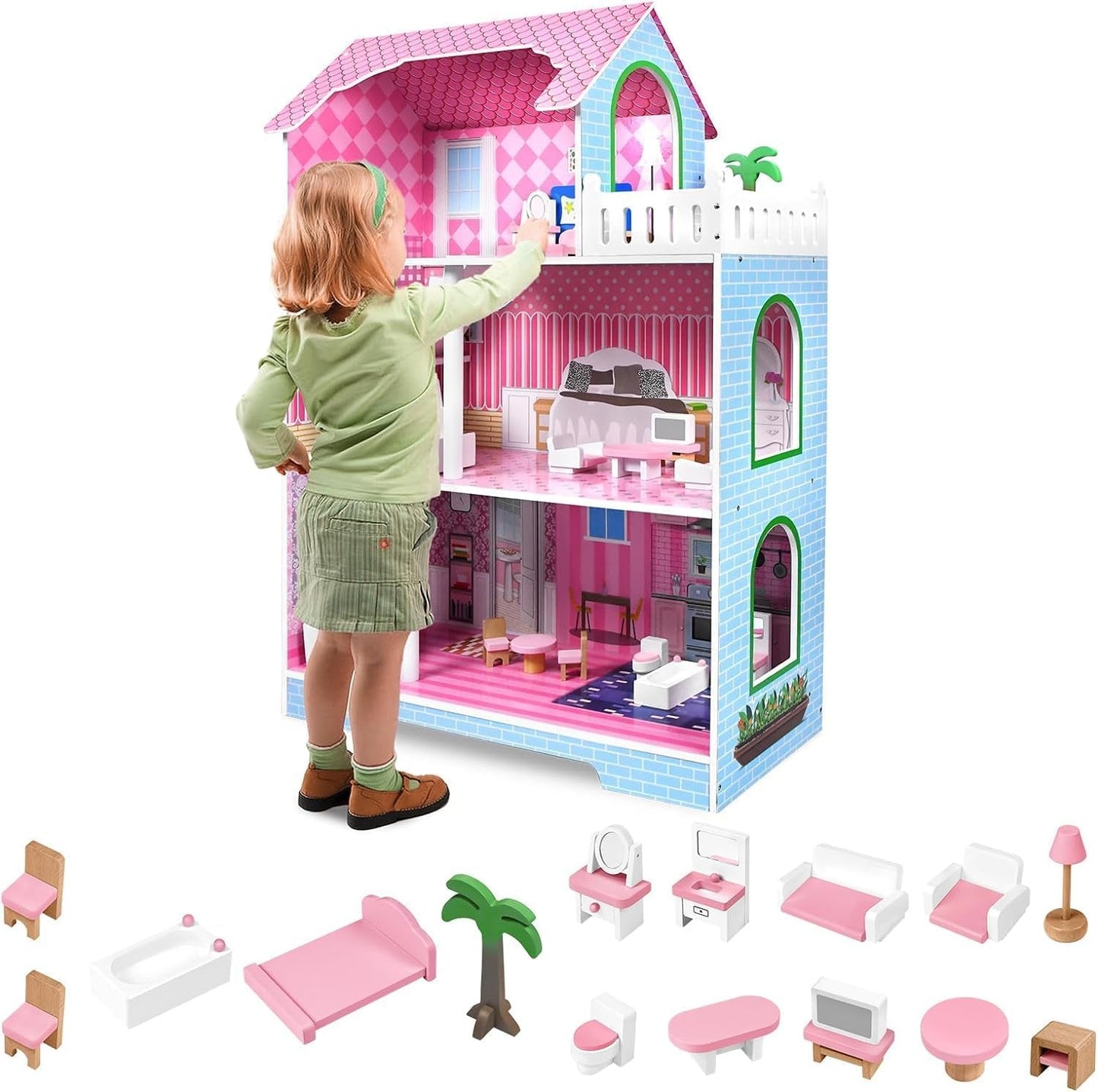 HENGMEI Puppenhaus Kinder Holz Puppenvilla Dukkehus Sæt Mädchen Spielset 3 Etagen Haus med Möbeln og tilbehør, 70x30x100cm Puppenhæuser for Kinder (Typ B)