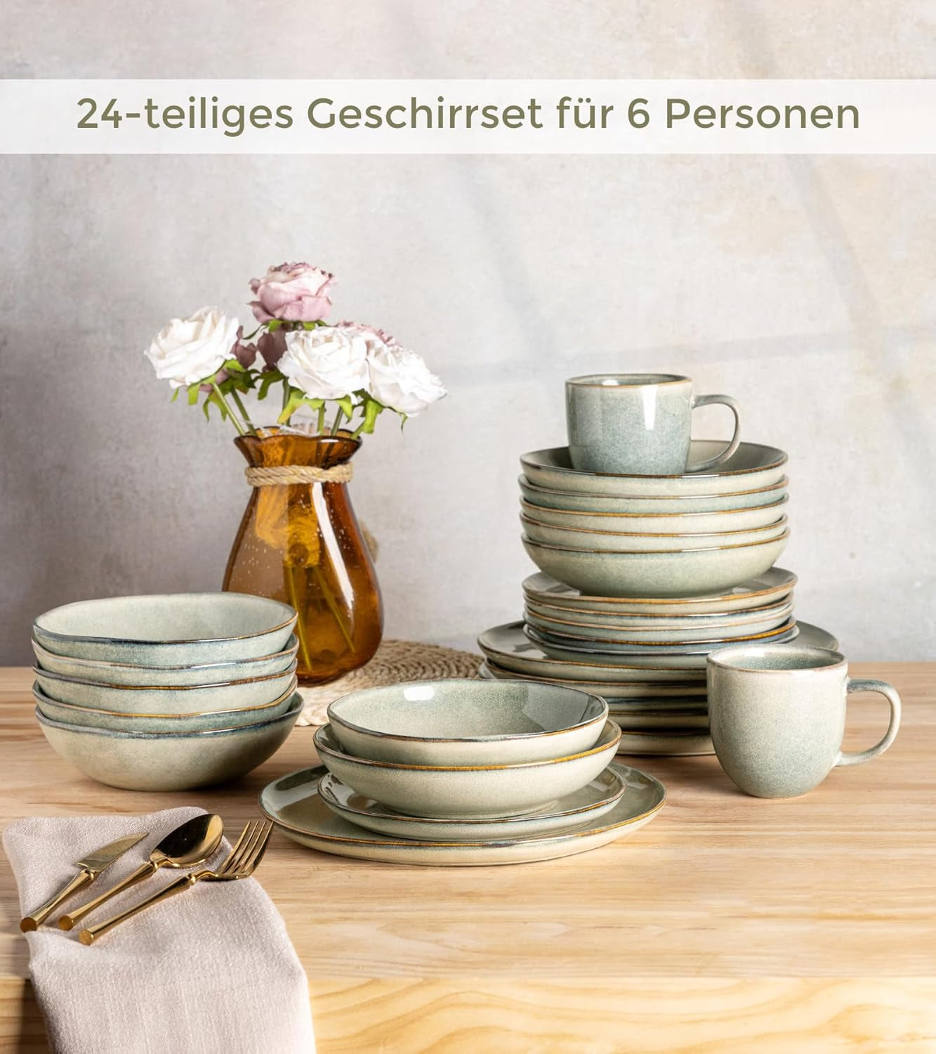 GBhome 6-personers keramisk porcelænssæt 24-dele reaktiv glasur Håndlavet mikroovn og opvaskemaskine Tåler skål og tallerkensæt Desret Sage GDW007GY-24P-EU