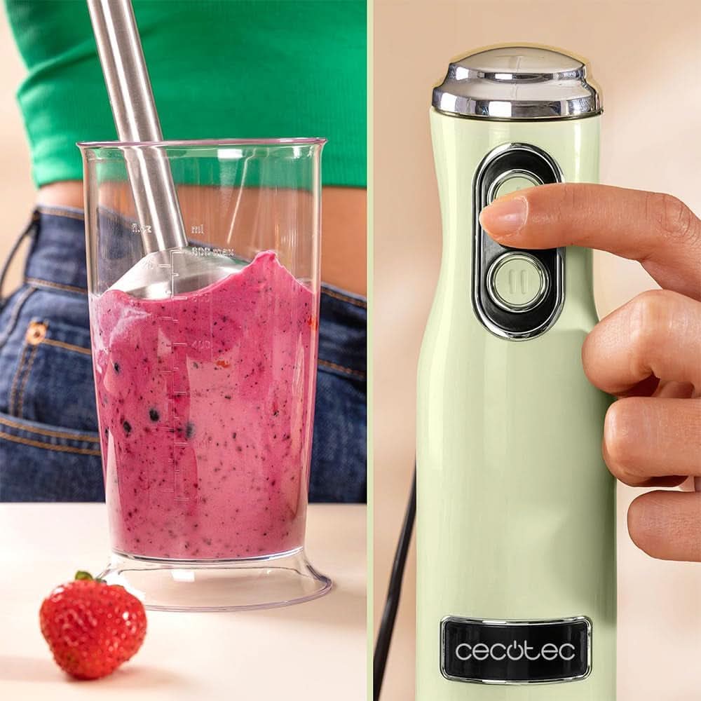Cecotec Stabmixer Power Retrogreen 1200MAX Cream&Crush, Maximalleistung 1200 W, Crossblades-teknologi, 2 hastigheder, Zubehörset Spülmaschinenfest, Spritzschutzhaube Kitchen Naty Shop