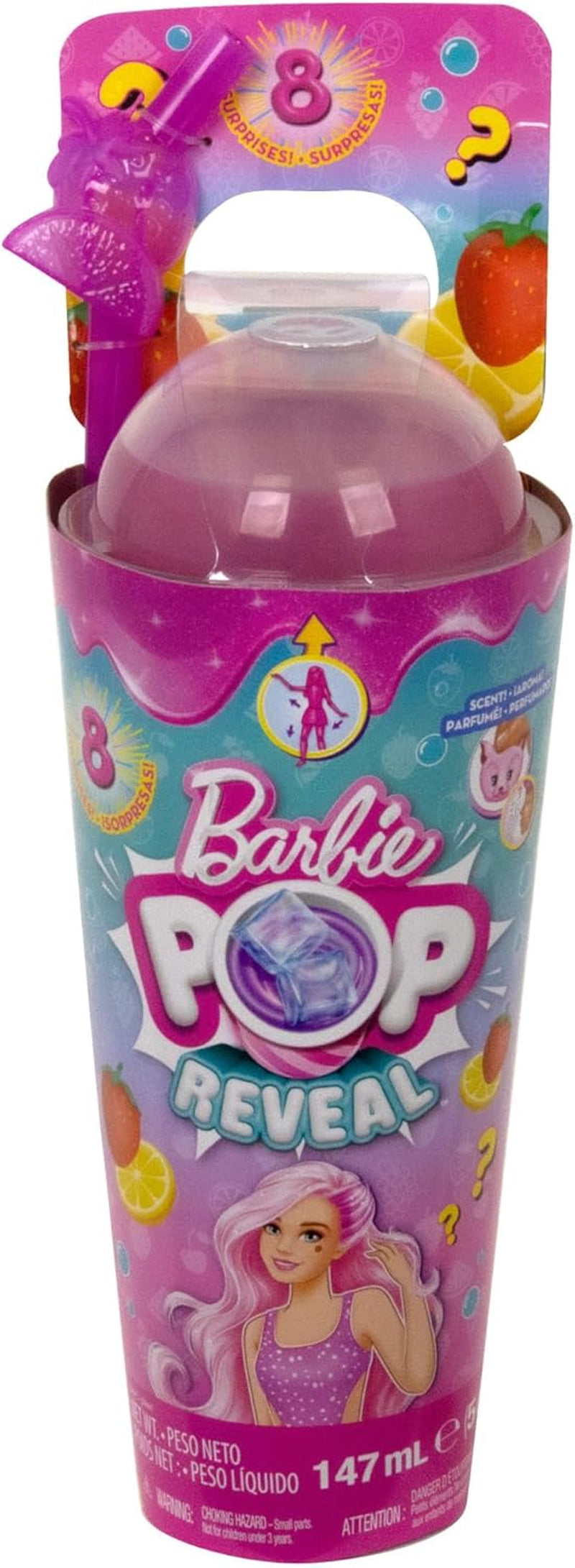 Barbie Pop Reveal Fruit - Overraskelsesdukker med 8 frugtige overraskelser, inklusive en positionerbar jordbær-limonadeduft og en luftig hvalp i alderen 3+, HNW41