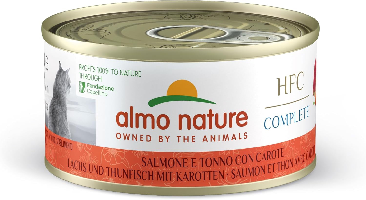 Almo Nature HFC Complete, Nassfutter für Erwachsene Katzen - Laks og tun med gulerødder - Pakning med 1,68 kg (24 x 70 g)