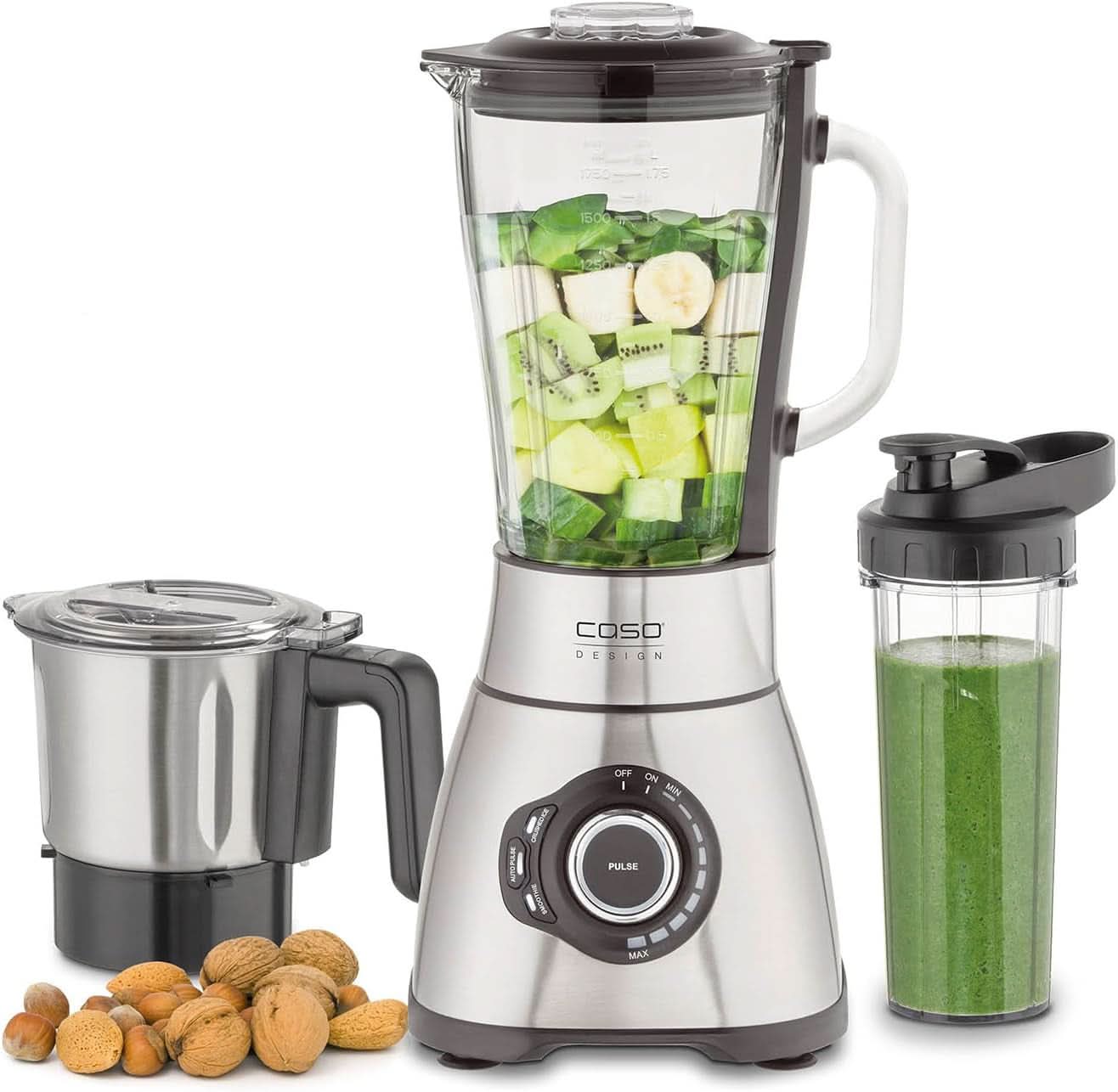 CASO B 1800 Powerblender-Set - Standmixer, 28.000 U/Min, Glasbeholder 1,75 L, Inkl. Trinkflasche Und Zerkleiner, Mixer Testsieger Mit Sehr Gut, Edelstahl Naty Shop