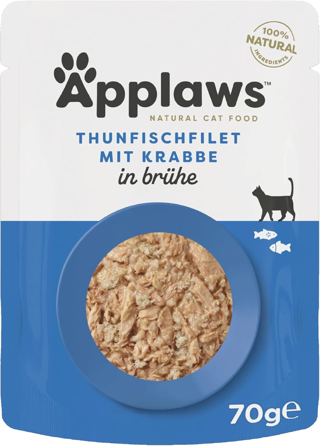 Applaws 100% naturlig Nassfutter für Katzen, Thunfischfilet mit Krabben in Brühe - Packung mit 12 x 70g Beuteln