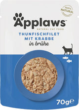 Applaws 100% naturlig Nassfutter für Katzen, Thunfischfilet mit Krabben in Brühe - Packung mit 12 x 70g Beuteln