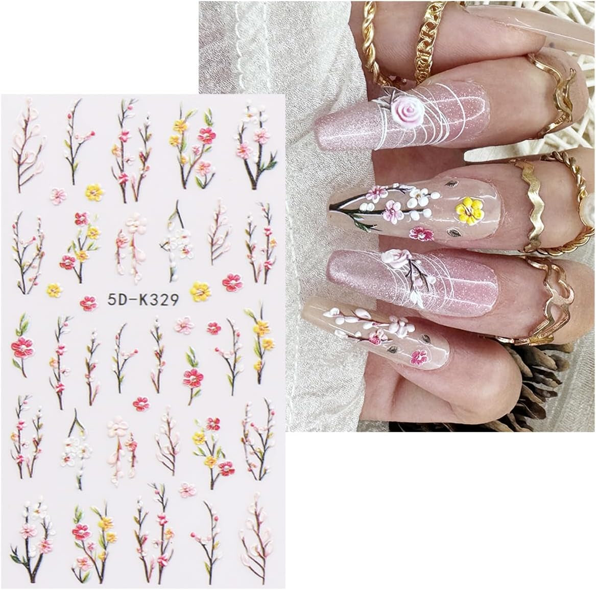 JMEOWIO 3D Nagelsticker Blumen Nail Art Sticker Selbstklebend Nagelaufkleber 5D Stereoskopisk Frühling Sommer Dekoration Nageldesign Zubehör 4 Blatt