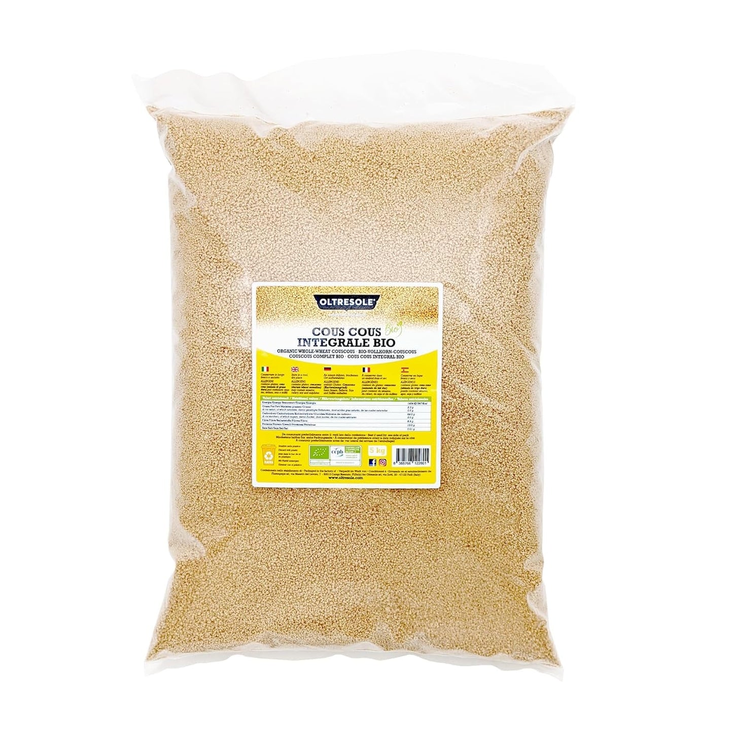 Økologisk fuldkorns couscous 5 kg, økologisk fuldkorns durumhvedemel, ideel til sunde forretter og tilbehør, praktisk størrelse